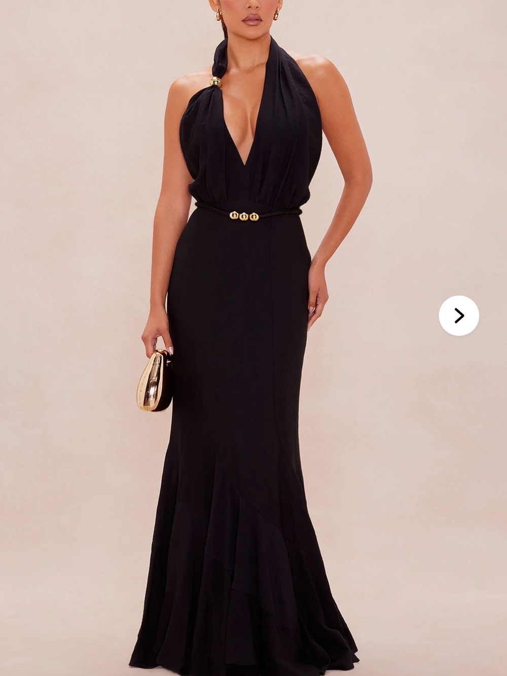 Fashion Nova Black One-Shoulder Plunge Maxi Dress with Gold Accents